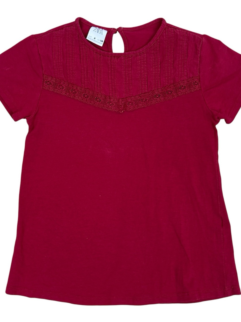Zara Girls' Short Sleeve Lace Yoke Top Dark Red